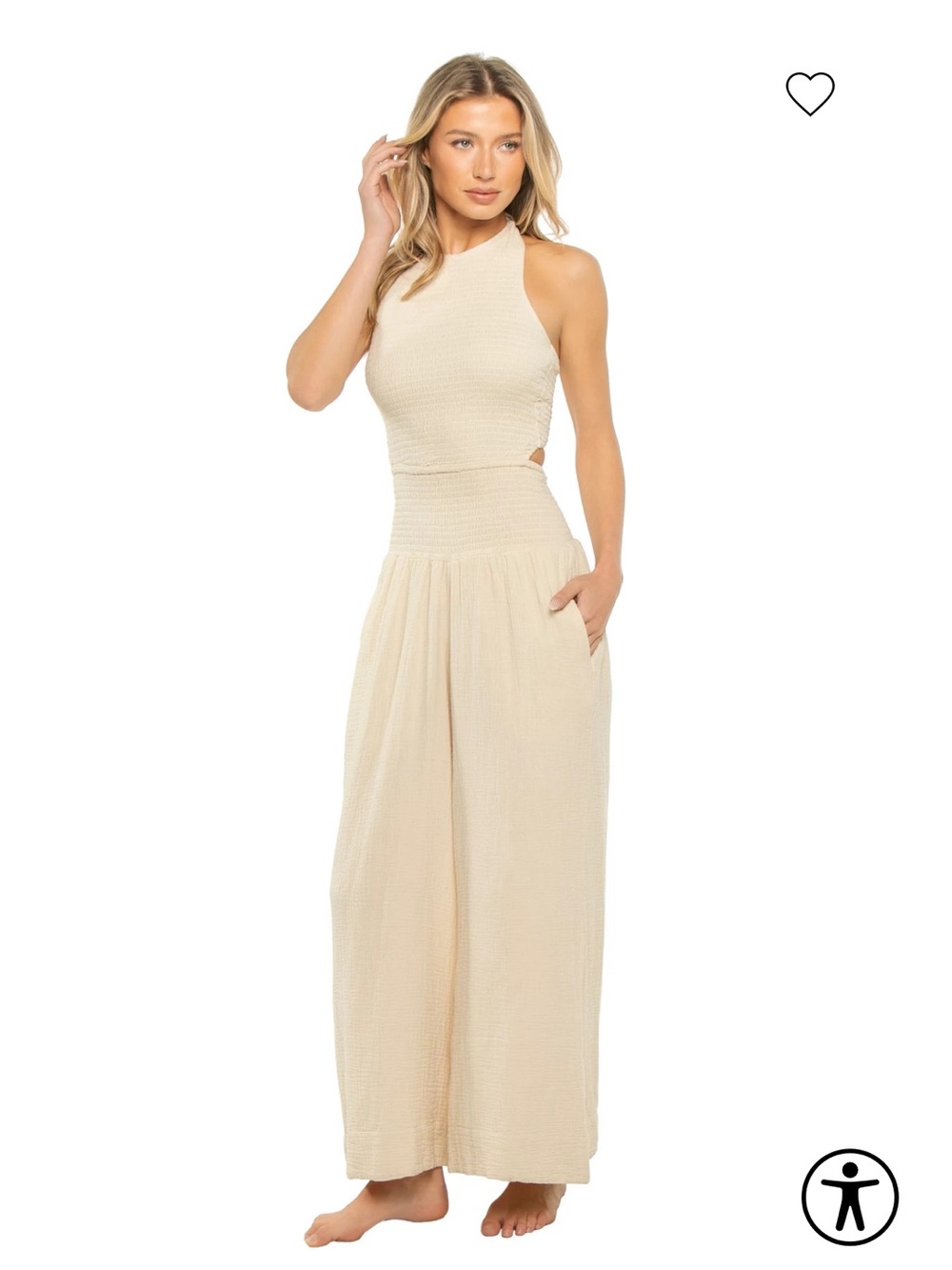 Elan Cream High-Neck Smocked Wide-Leg Jumpsuit